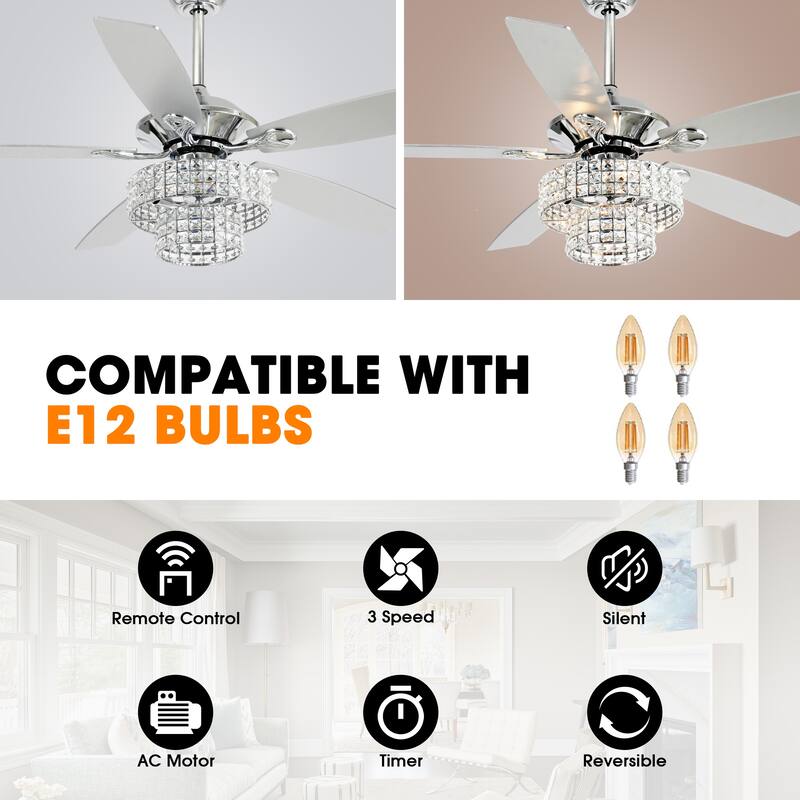 52-inch Modern Chrome 5-Blades 2-Tire Crystal Shade Ceiling Fan with Remote and Light Kit - 52-in W