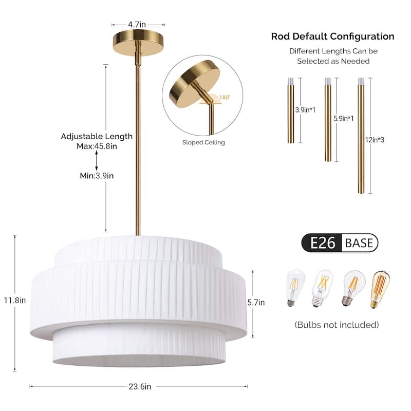 Modern 3-Tier Drum Chandeliers Fabric Shade Ceiling Hanging Pendant - 3-Tier/23.6inch