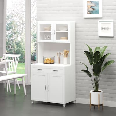 HOMCOM Modern Kitchen Pantry with Buffet Cabinet, Cupboard with Framed Glass Doors and Shelves, White