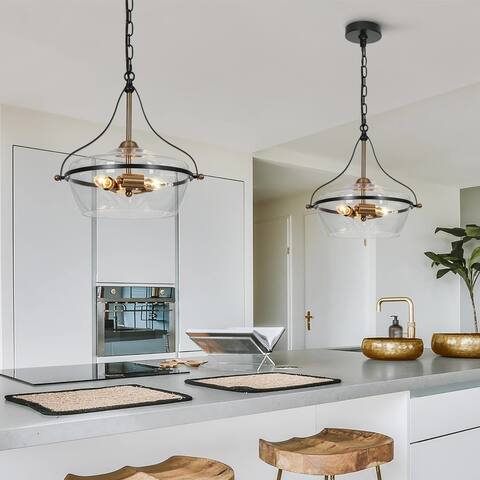 Zelena Modern Farmhouse 3-Light Black Gold Chandelier Glass Pendant Light for Dining Room