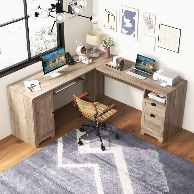 Gymax 66 Inch L-Shaped Computer Desk Spacious Corner Desk w/ Drawers &