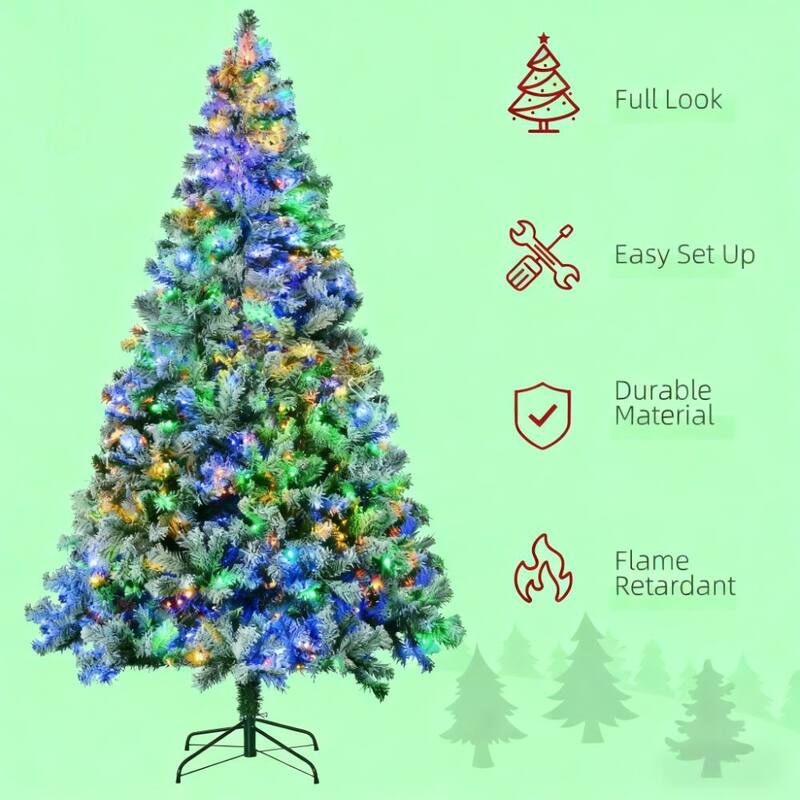 Pre-Lit Artificial Tree - Snow Frosted Branches, Warm White/Colorful LED Lights, Steel Base - Green