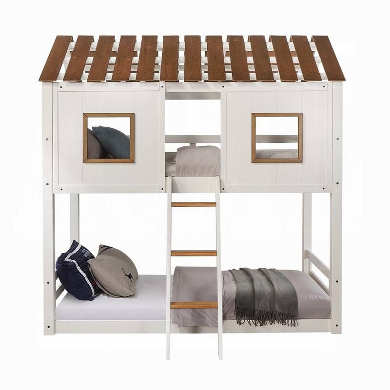 Nara Twin Size Bunk Bed, House Design with Ladder, White Rustic Wood