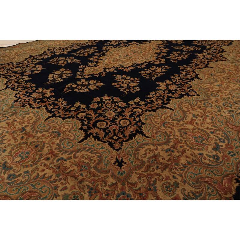 9x11'10'' Hand Knotted Wool Navy 250 KPSI Kerman Vintage pristine Geometric Rug - 9' x 11' 10''