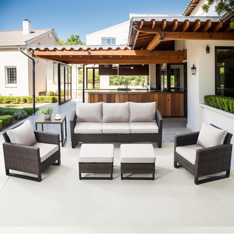 6 Piece 3-Seat Sofa Chair Table Set - Beige - Brown
