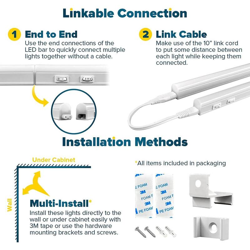 Sunperian LED Under Cabinet Light Kit 12" Plug In 10W Linkable 3 Color Option 3000K/4000K/5000K Damp Rated 2 Pack