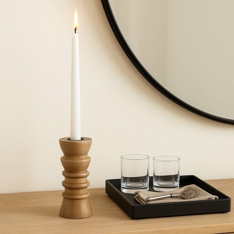 Mango Wood Modern Totem Carved Taper Holder - Tan - 6.0"