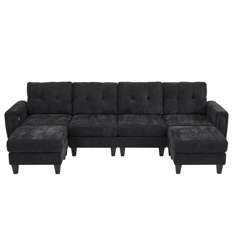 Roomfitters 115 Inch U-Shaped Sectional Sofa with 2 Ottomans and Foldable Side Tables, Chenille