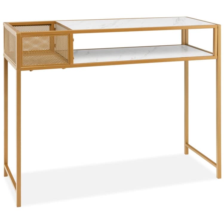 Faux Marble Console Table with Wire Baske for Entryway - 47.5" x 12" x 35.5" (L x W x H)