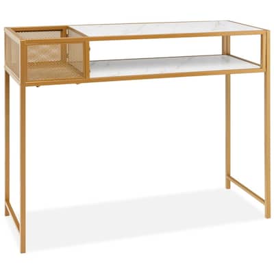 Faux Marble Console Table with Wire Baske for Entryway - 47.5" x 12" x 35.5" (L x W x H)