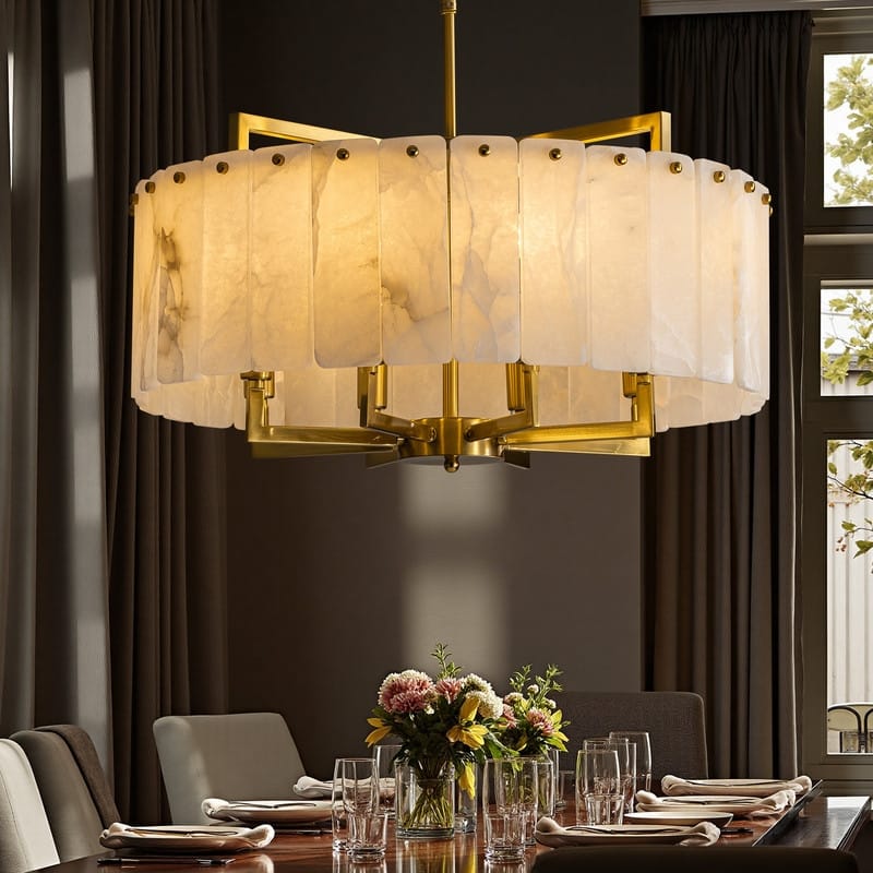 Modern 8-Light Round Gold Brass Chandelier with Marble Alabaster 23.6-Inch Drum Pendant Ceiling Light with Adjustable Chain