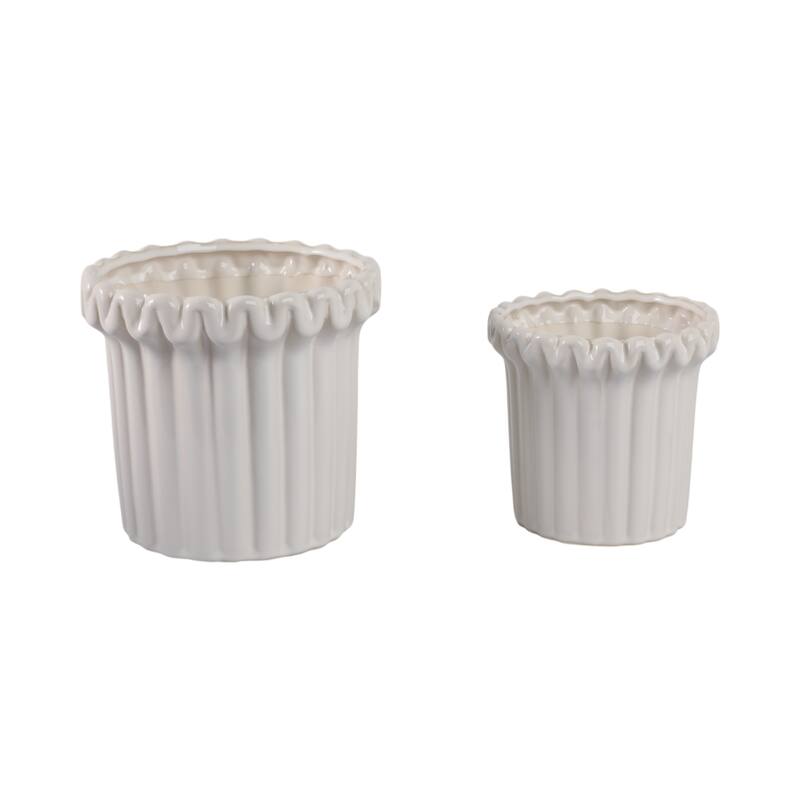 Stoneware Planter Sculpted Rim and Vertical Ridged Texture (Set of 2) - 8.5" x 8.5" x 8.75"