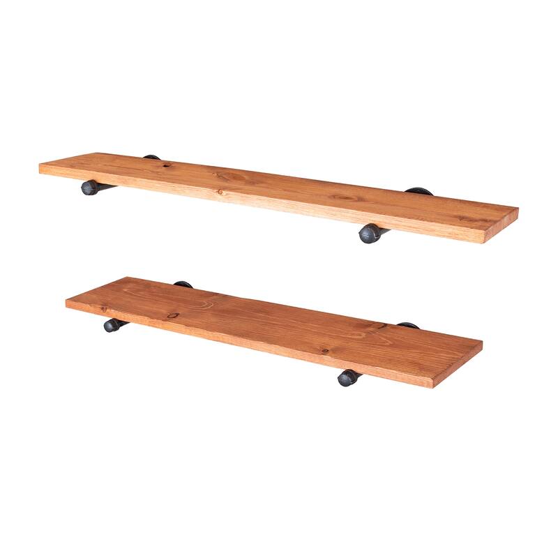 PIPE DECOR 36" Solid Wood Wall Shelves with Rustic Black Industrial Steel Pipe Brackets, Set of 2
