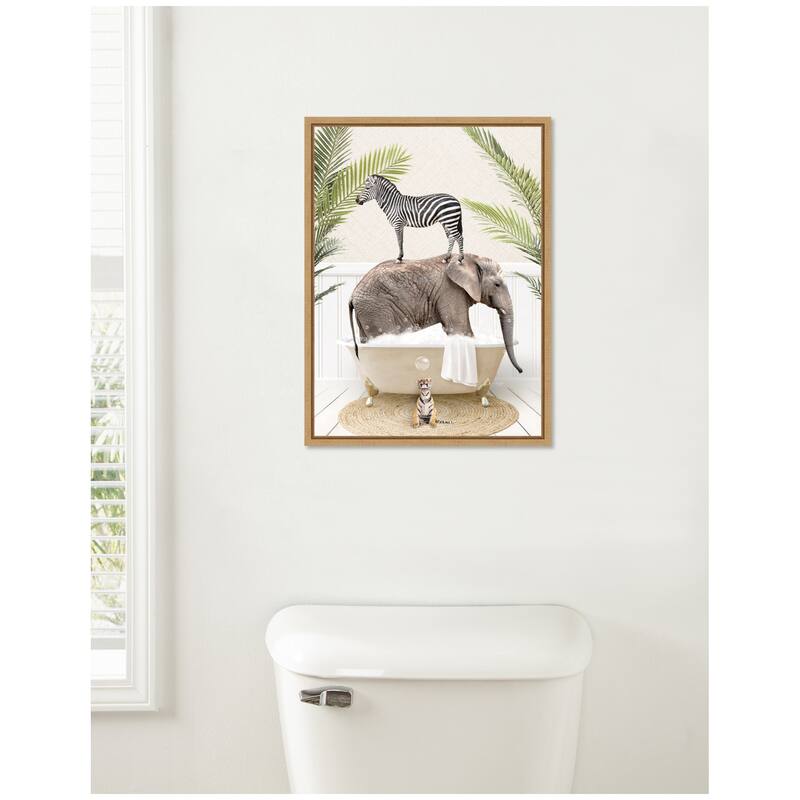 Kate and Laurel Sylvie Safari Animals in Palm Bath Framed Canvas by Amy Peterson
