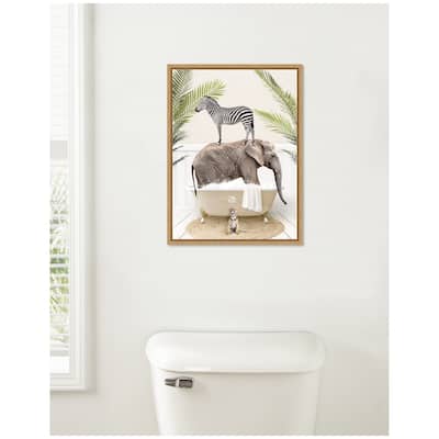 Kate and Laurel Sylvie Safari Animals in Palm Bath Framed Canvas by Amy Peterson