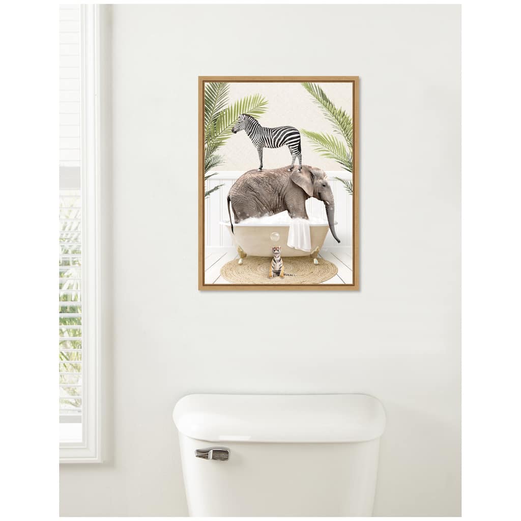 Kate and Laurel Sylvie Safari Animals in Palm Bath Framed Canvas by Amy Peterson