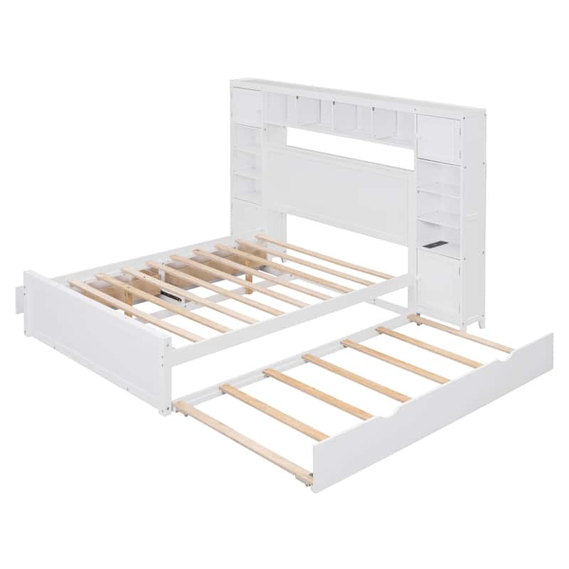 Full Size Wooden Bed with Built-in Cabinet, Shelf, Outlets, and Trundle in White