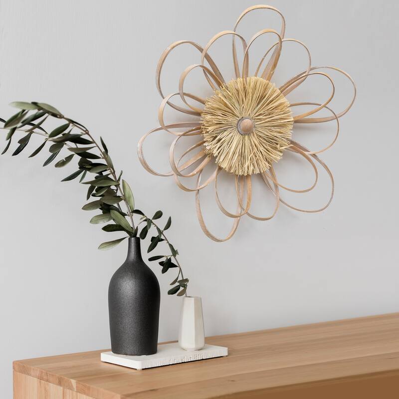 Adeco Wooden Farmhouse Flower Hand Knitted Raffia Straw Wall Decor