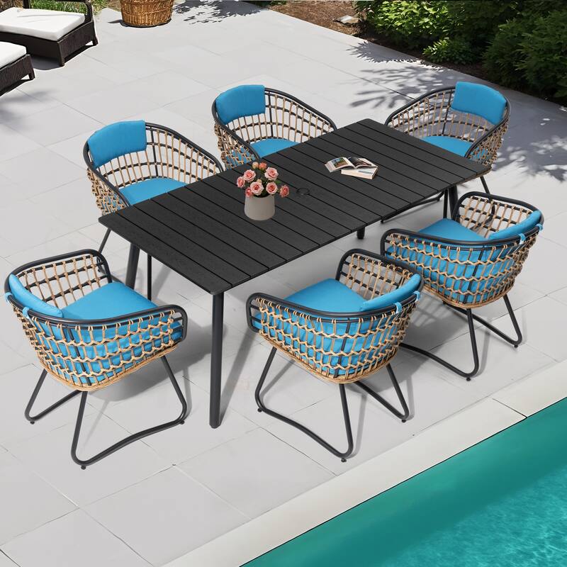 Outdoor Patio Rectangular Aluminum Dining Table Set with Umbrella Hole with Rattan Chair - Table-Black&Seat-Blue