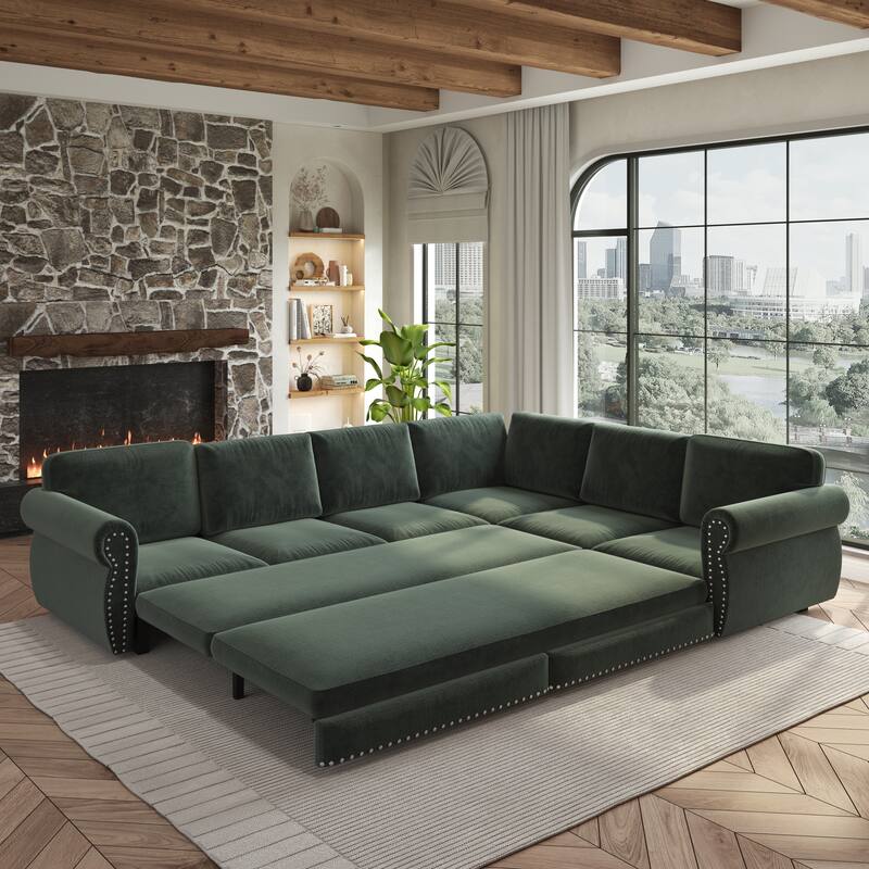L-Shaped Sofa Couch with Pull-Out Bed, Convertible Sleeper Sofa with Nailhead Trim & Rolled Arms, Chenille Upholstered Couch