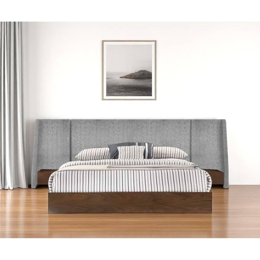HomeRoots Brown and Gray Wood And Upholstery King Bed Frame With Attached Nightstands