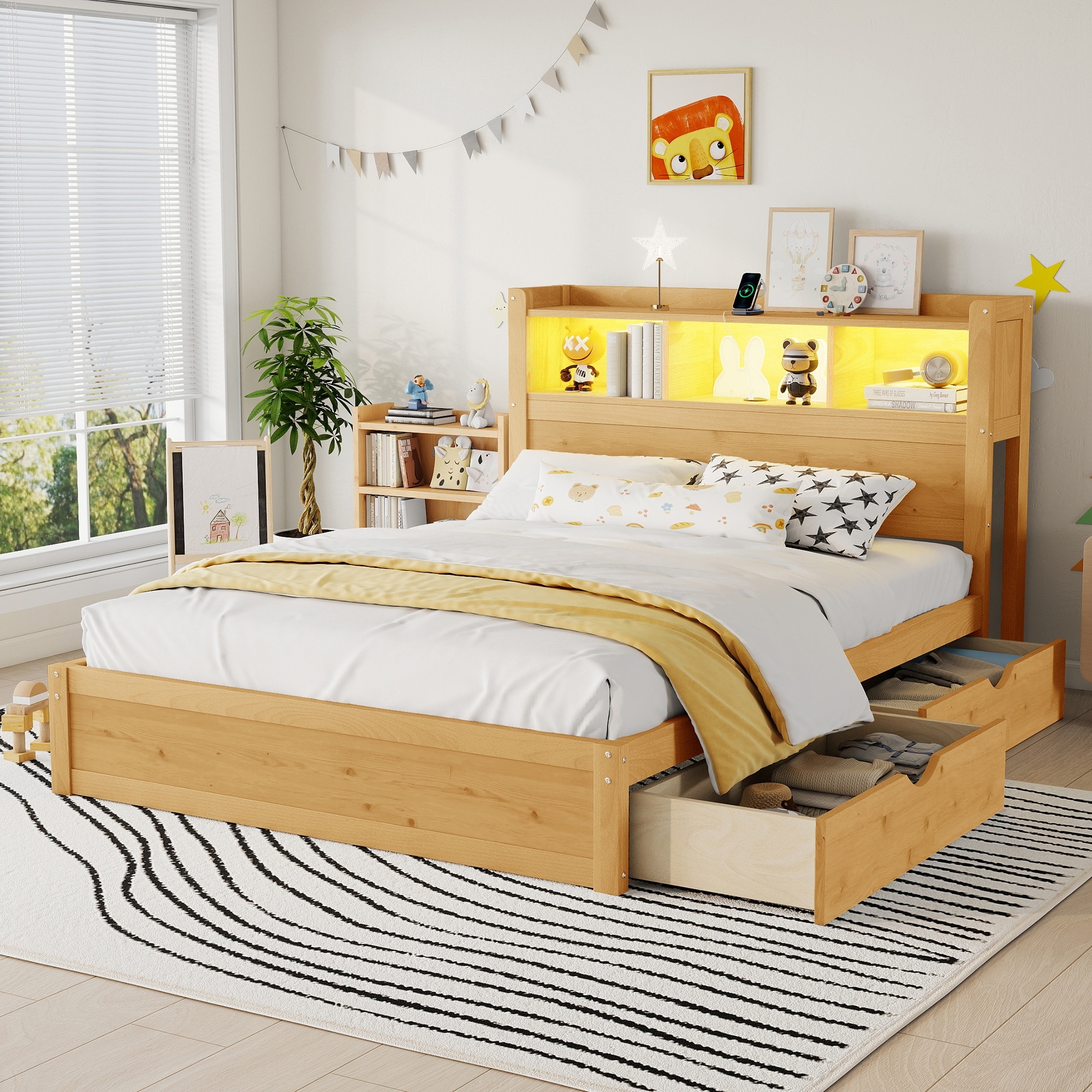 Roomfitters Twin/Full Platform Bed, LED Bookcase Headboard and Pull Out Storage Drawers with Wooden Frame for Bedrooms