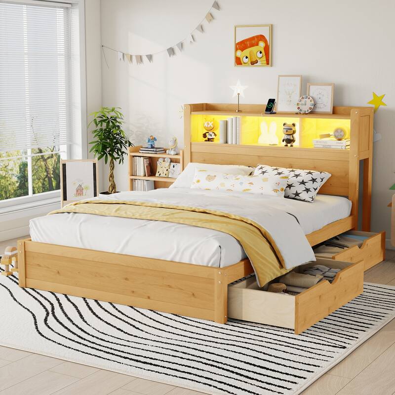Roomfitters Twin/Full Platform Bed, LED Bookcase Headboard and Pull Out Storage Drawers with Wooden Frame for Bedrooms - Natural - Full