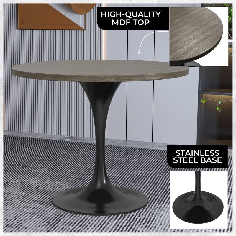 LeisureMod Verve 36" Round Dining Table with MDF Wood TableTop and Black Steel Base for Kitchen & Dining Room