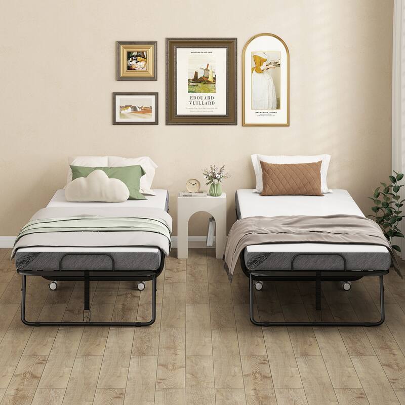 HOMCOM Folding Bed with 4 Inch Mattress, Portable Foldable Guest Bed with Sturdy Metal Frame on Wheels