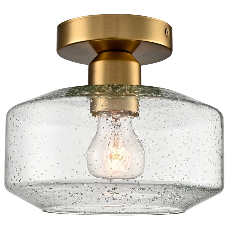 Pistoia Modern Gold Semi Flush Ceiling Light Seeded Glass Drum Shade, 1-Light - Brass