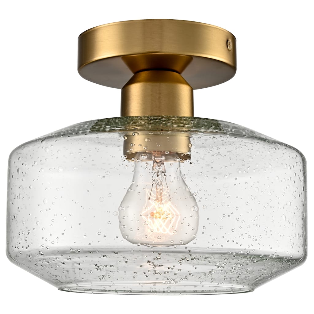 Pistoia Modern Gold Semi Flush Ceiling Light Seeded Glass Drum Shade, 1-Light