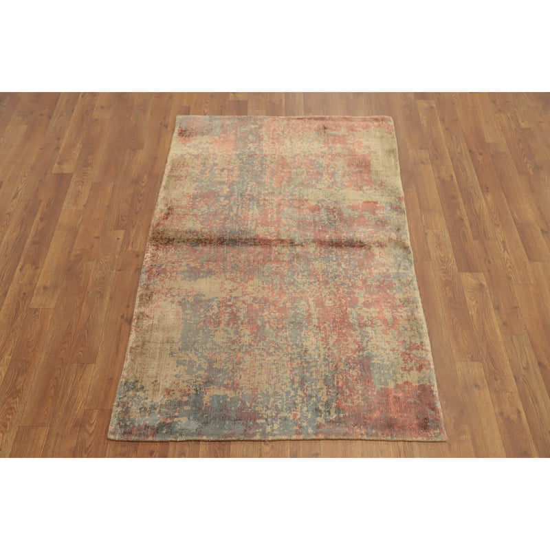 Hand Knotted Oriental Viscose Silk Carpet Modern Abstract Oranges & Rust Abstract Area Rug - 4' 10'' X 3' 1''