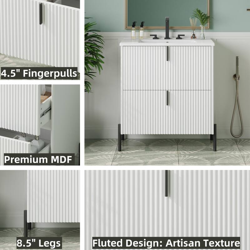 Bathroom Vanity with Ceramic Sink, Freestanding Bathroom Storage Cabinet, Fluted Bathroom Vanity with 2 Full-Extension Drawers
