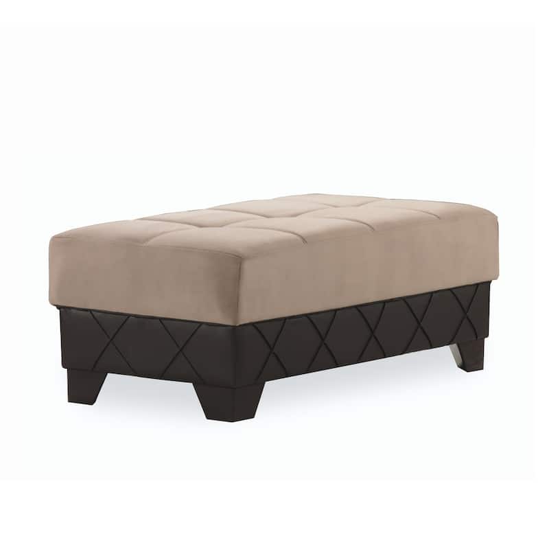 HomeRoots 48" Taupe and Espresso Faux Leather And Microfiber Tufted Storage Ottoman