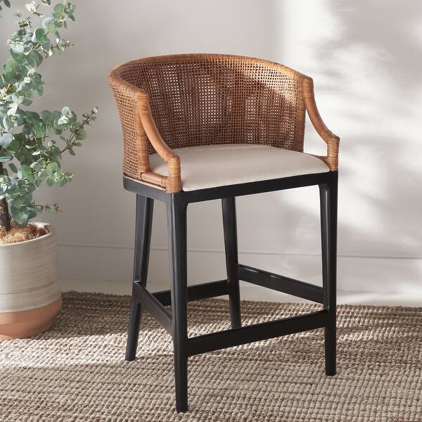 SAFAVIEH Brando Counter Stool with Rattan Barrel Back and Cushioned Seat - 22"W x 21"D x 35"H