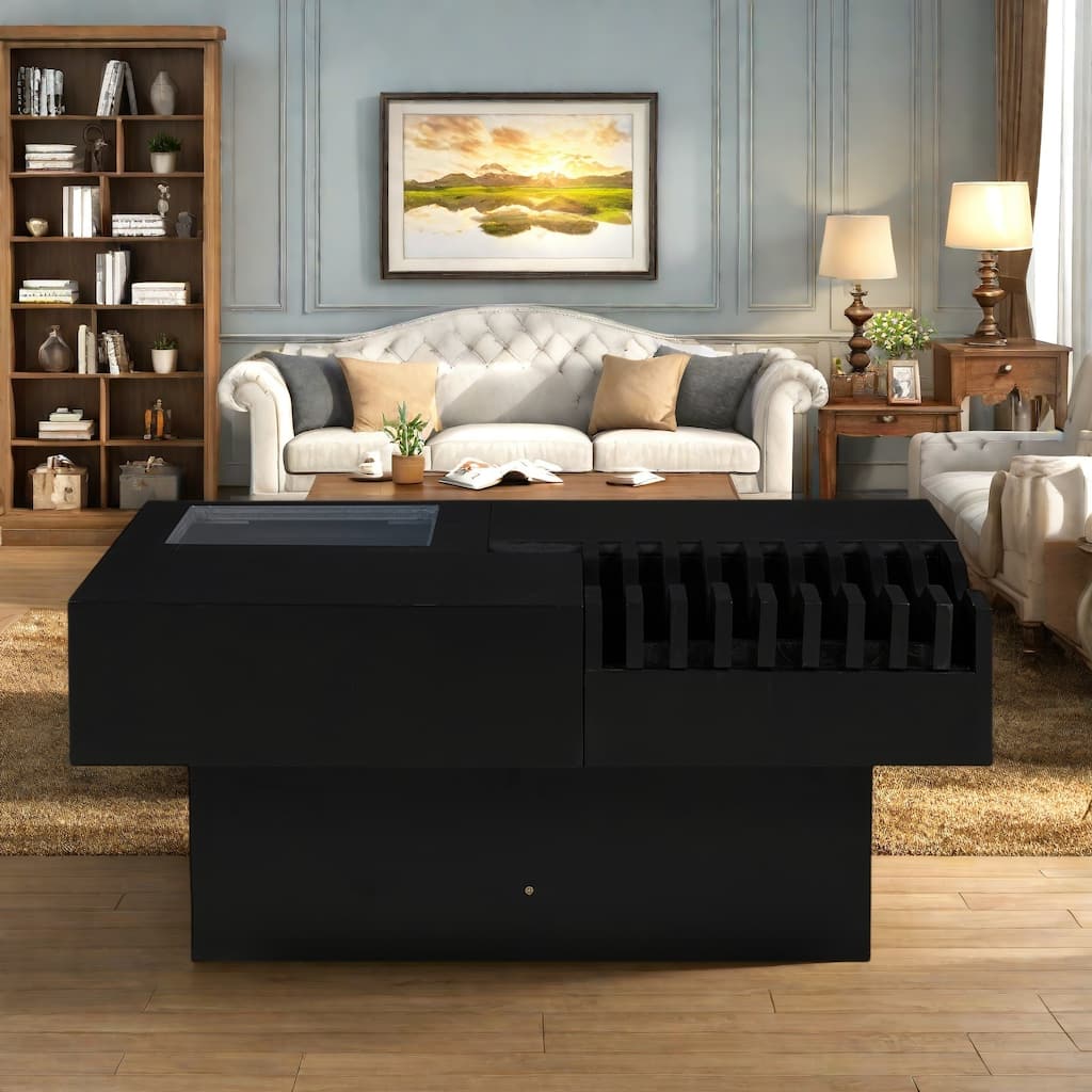 33" Solid Wood Multifunctional Square Coffee Table with Wave Design, Storage Drawers
