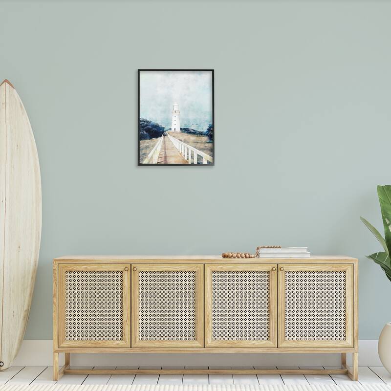Stupell White Lighthouse Boardwalk Rocky Cliff Coastal Landscape Water Framed Wall Art - Blue