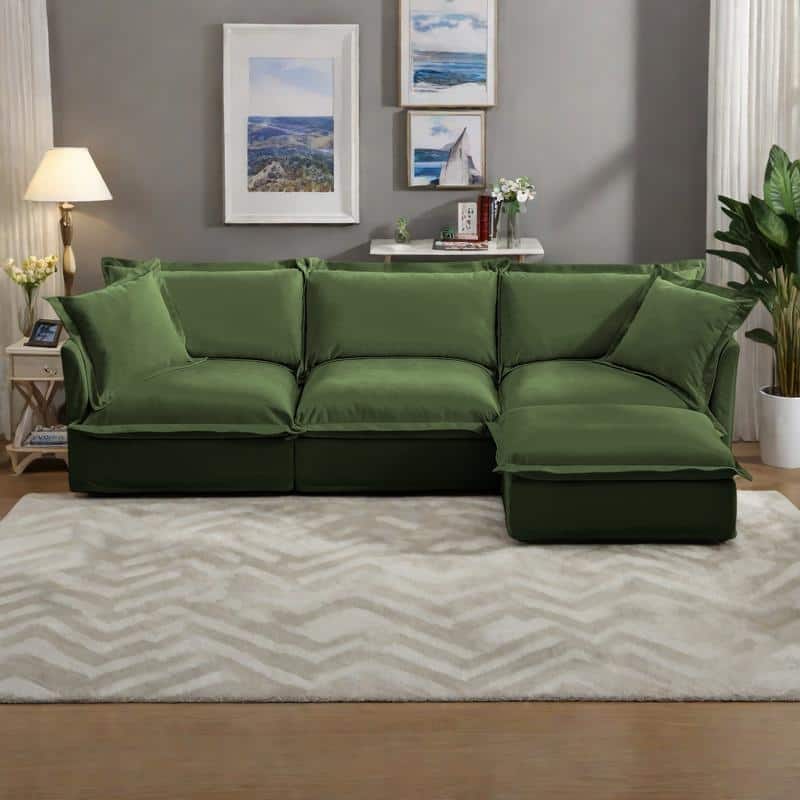 120" Chenille L-Shaped Sectional with Convertible Ottoman & 2 Pillows and 3-Seater Cloud Couch