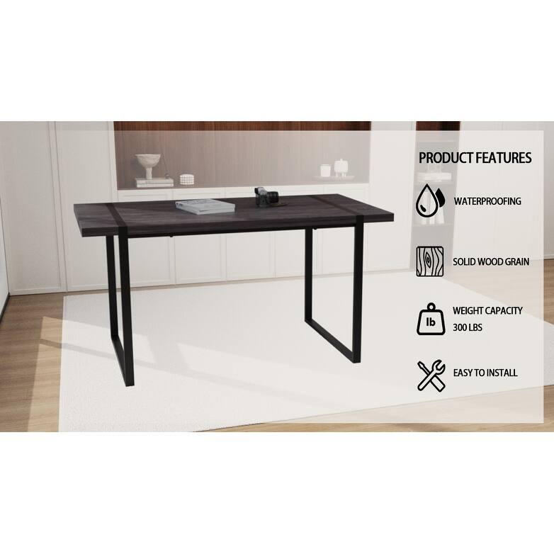 59 " dining table modern industrial rectangular, 1.5" thick engineering wood tabletop and black rectangular metal legs