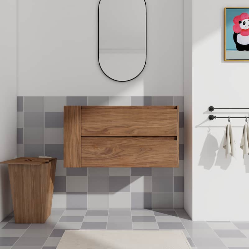 36 Inch Wall-Mounted Bathroom Vanity Base with Soft-Close Drawers, Adjustable Side Shelf and Angled Edge Handles - Brown Oak
