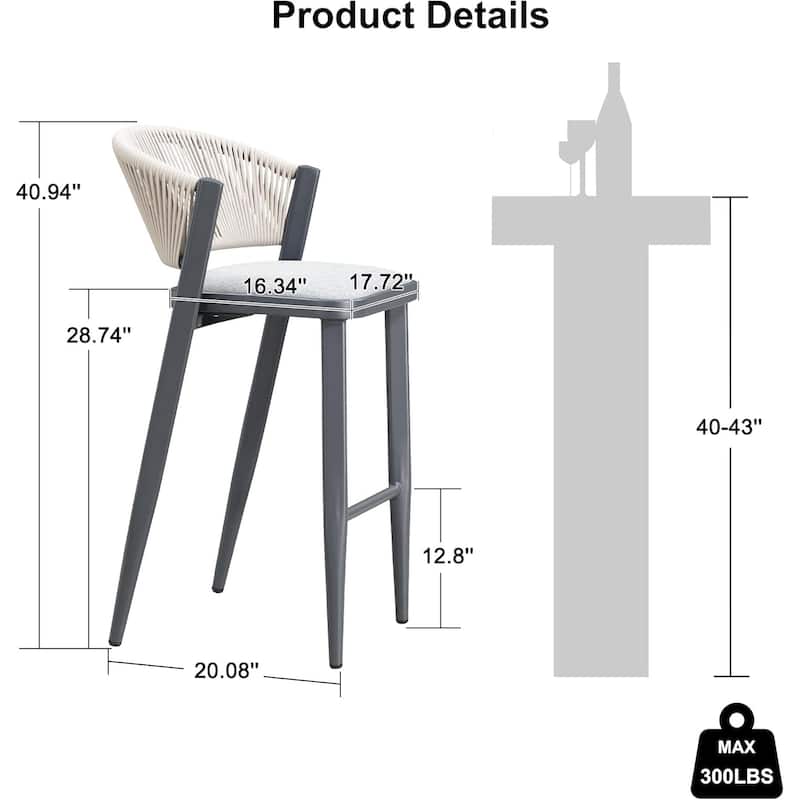 PURPLE LEAF Bar Stool Set of 2 Outdoor Rattan Bar Chair with Back Metal Bar Height Stool Wicker Barstool Dark Grey - N/A