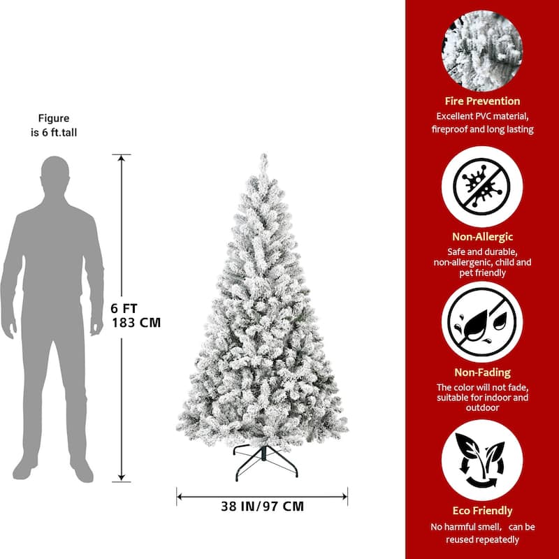 6FT Flocked Christmas Tree - Artificial Snowy Holiday Tree with 678 Tips, Full Shape PVC, Sturdy Metal Stand