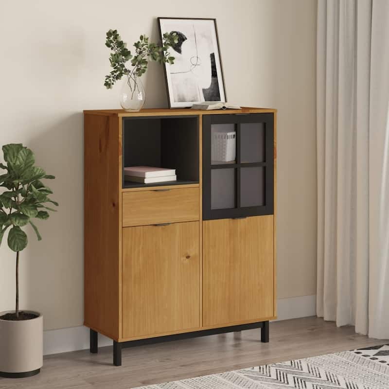 vidaXL Highboard with Glass Door FLAM 36.2"x15.7"x48.2" Solid Wood Pine - 36.2" x 15.7" x 48.2" - 36.2" x 15.7" x 48.2" - Brown
