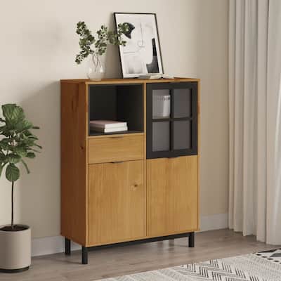 vidaXL Highboard with Glass Door FLAM 36.2"x15.7"x48.2" Solid Wood Pine - 36.2" x 15.7" x 48.2"