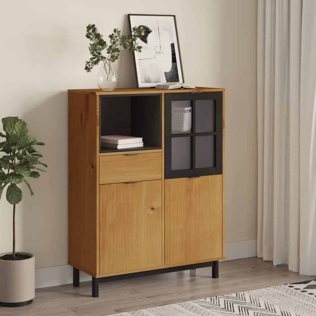 vidaXL Highboard with Glass Door FLAM 36.2"x15.7"x48.2" Solid Wood Pine - 36.2" x 15.7" x 48.2"