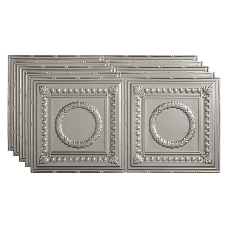 FASÄDE Rosette Decorative Vinyl 2ft x 4ft Glue Up Ceiling Panel in Argent Silver (5 Pack) - 5 Pack - Argent Silver