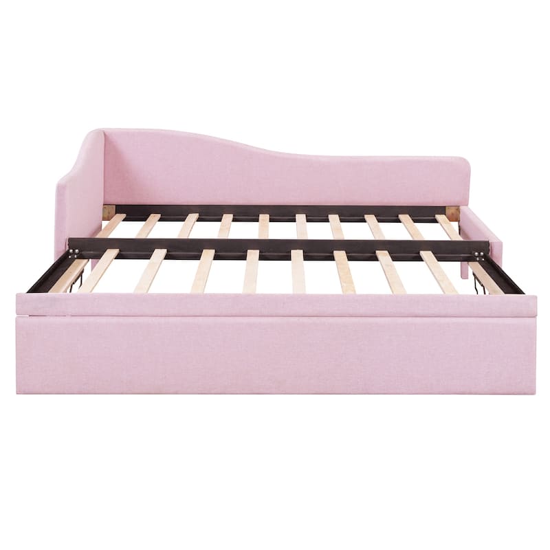 L-Shaped Daybed Twin To King Upholstered Daybed with Pop Up Trundle Linen & Wood Bed Frame for for Youth Teens or Adults