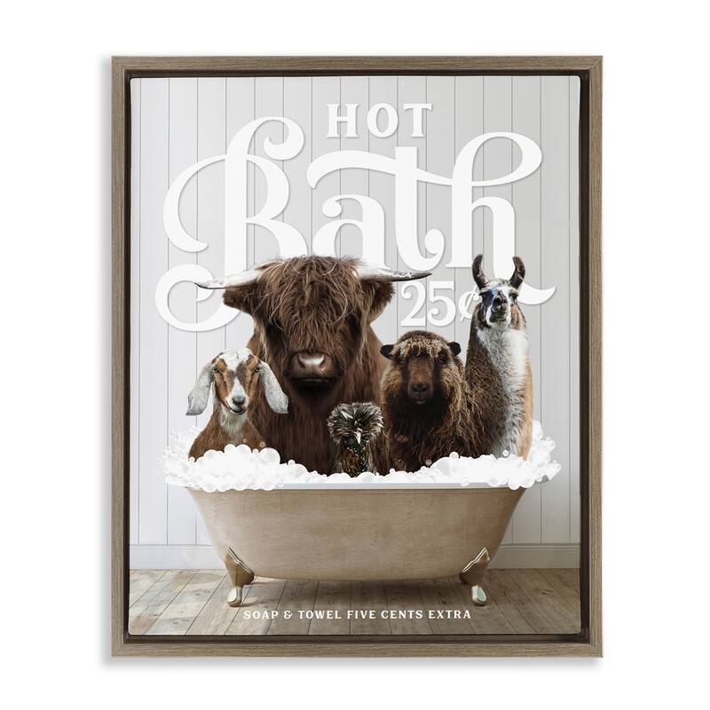 Stupell Farm Animals in Bath Framed Floater Canvas Wall Art Design by Lettered and Lined - 25 x 31 - Brown