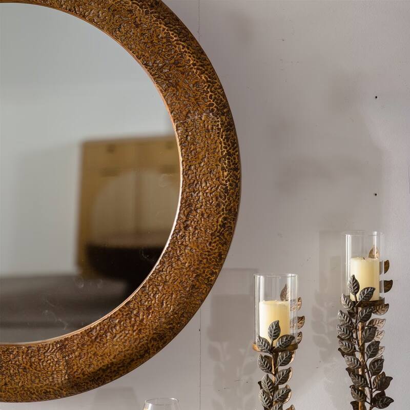 31.3" Hammered Gold Round Wall Mirror Iron Frame & MDF Back Decorative Mirror