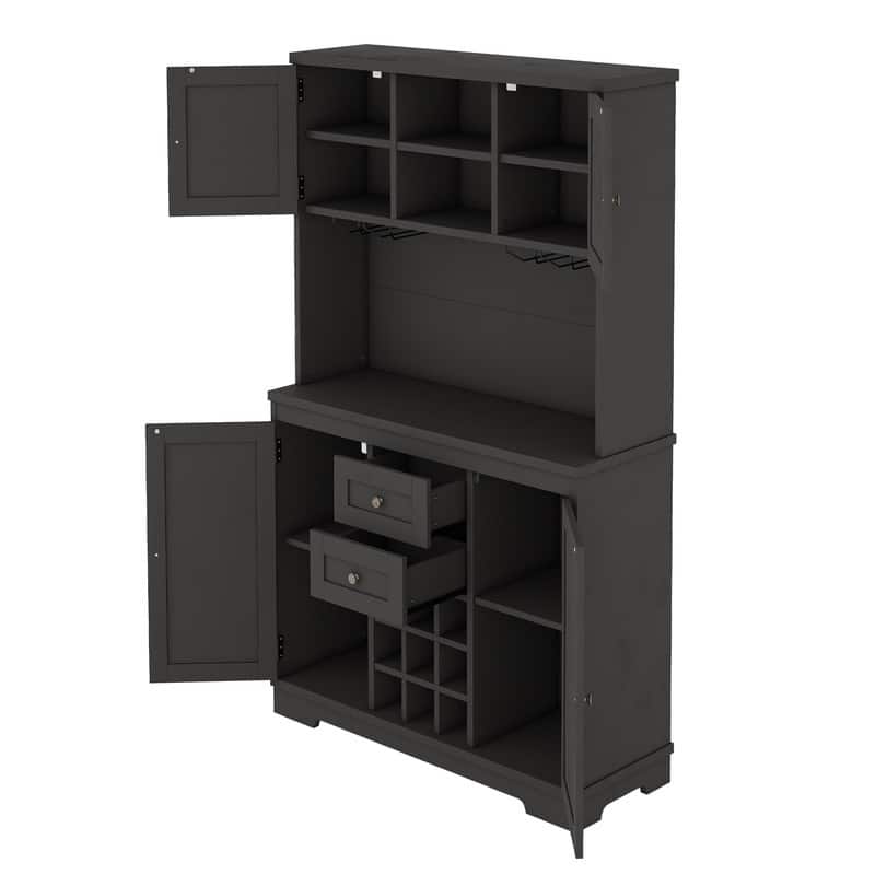 Farmhouse Home Bar Wine Storage Cabinet, Buffet Sideboard Kitchen Pantry with Adjustable Shelves, Drawers & Wine Glass Racks